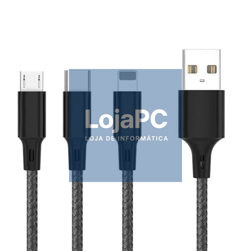 Cabo USB-A 2.0 Macho p/ Lightning/USB-C/MicroUSB 6A