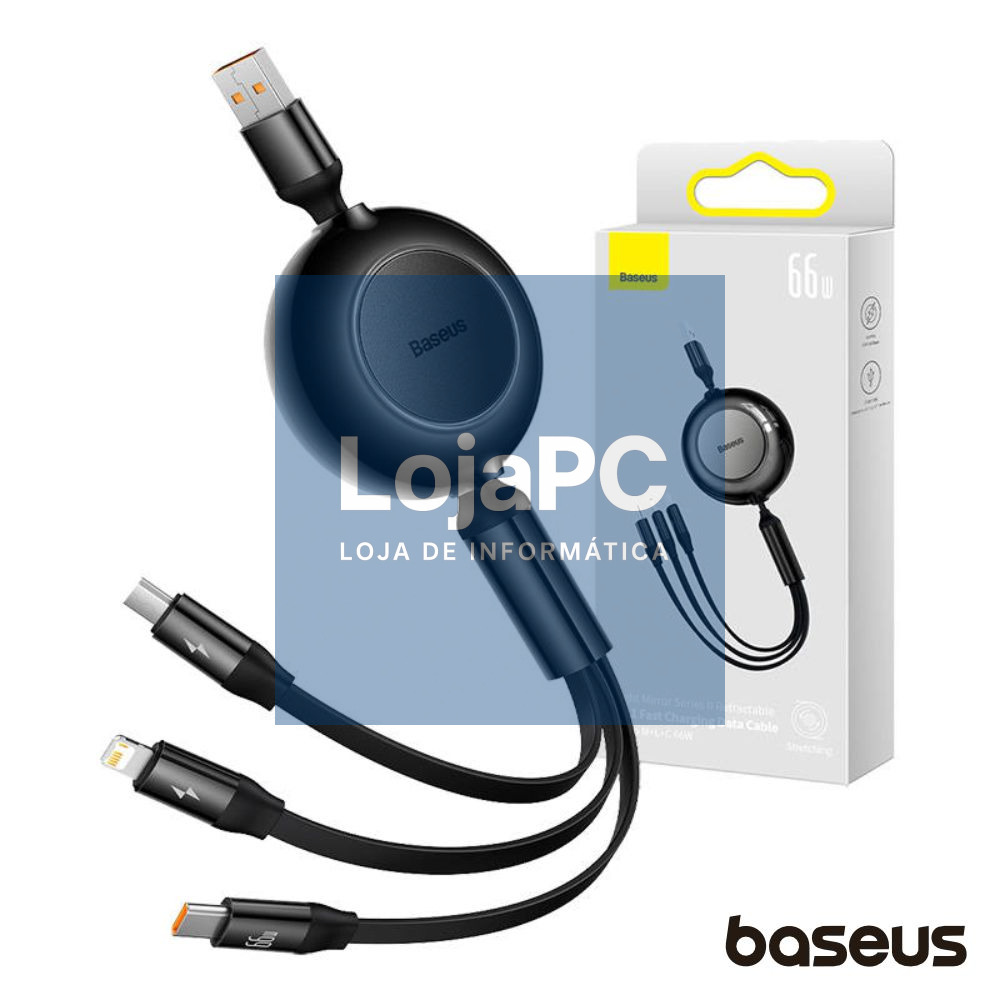 Cabo USB-A Macho p/ Lightning/USB-C PD/MicroUSB 66W BASEUS