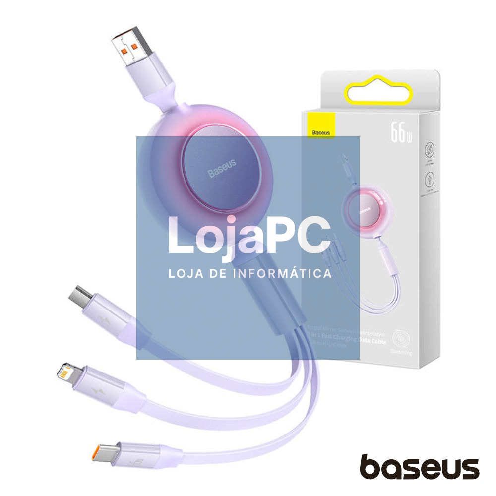 Cabo USB-A Macho p/ Lightning/USB-C PD/MicroUSB 66W BASEUS