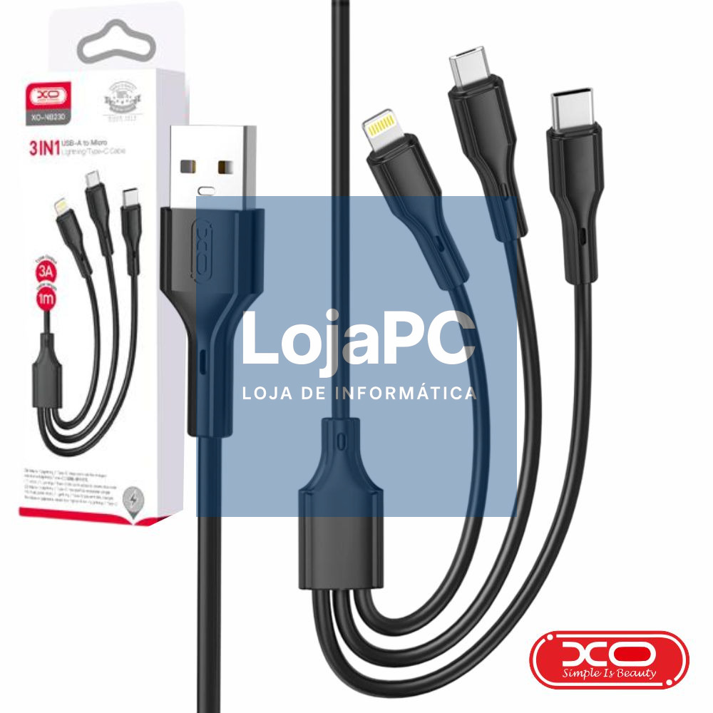 Cabo USB-A Macho P/ MicroUSB/ Lightning/ USB-C 100W 1m XO