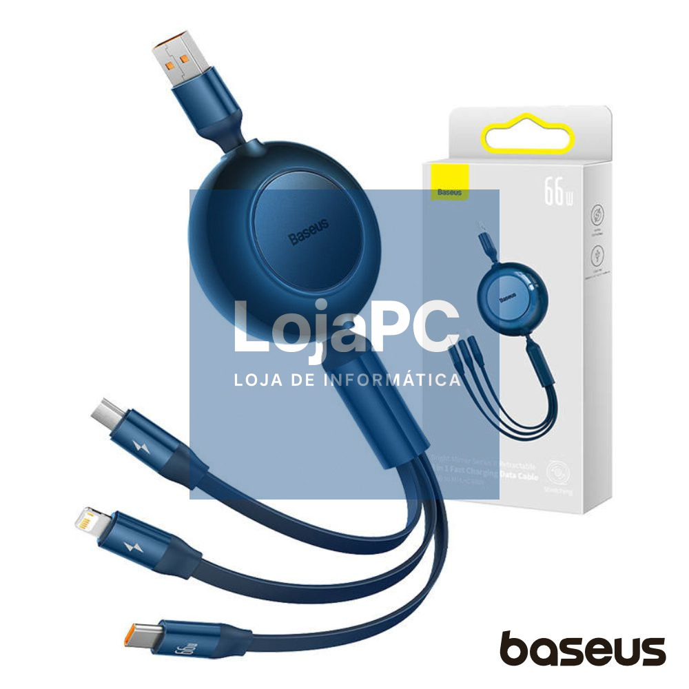 Cabo USB-A Macho p/ Lightning/USB-C PD/MicroUSB 66W BASEUS