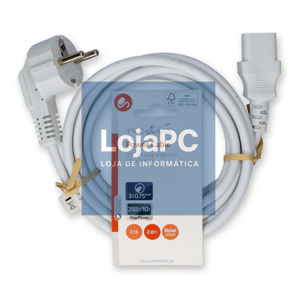 Cabo Alimentação Schuko 90º / IEC C13 2m Branco