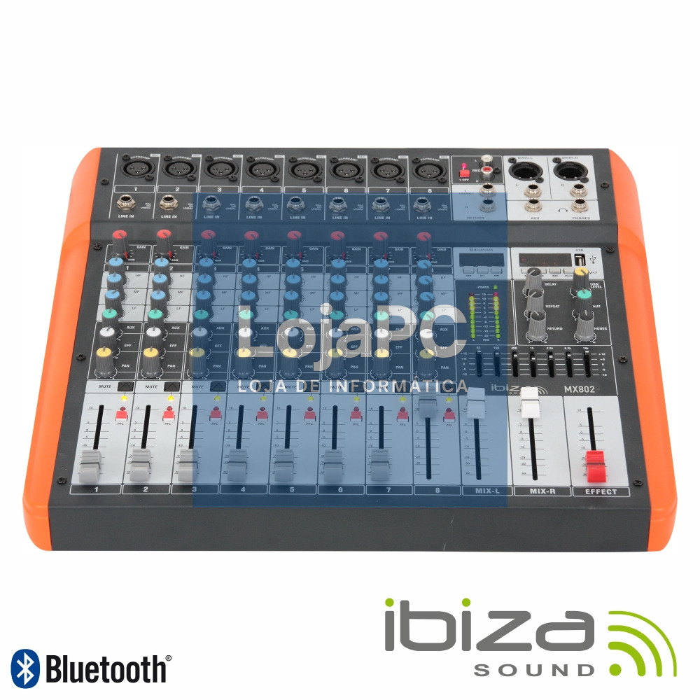 MESA DE MISTURA 8 CANAIS 6 ENTRADAS USB/BT/GRAVAÇÃO IBIZA