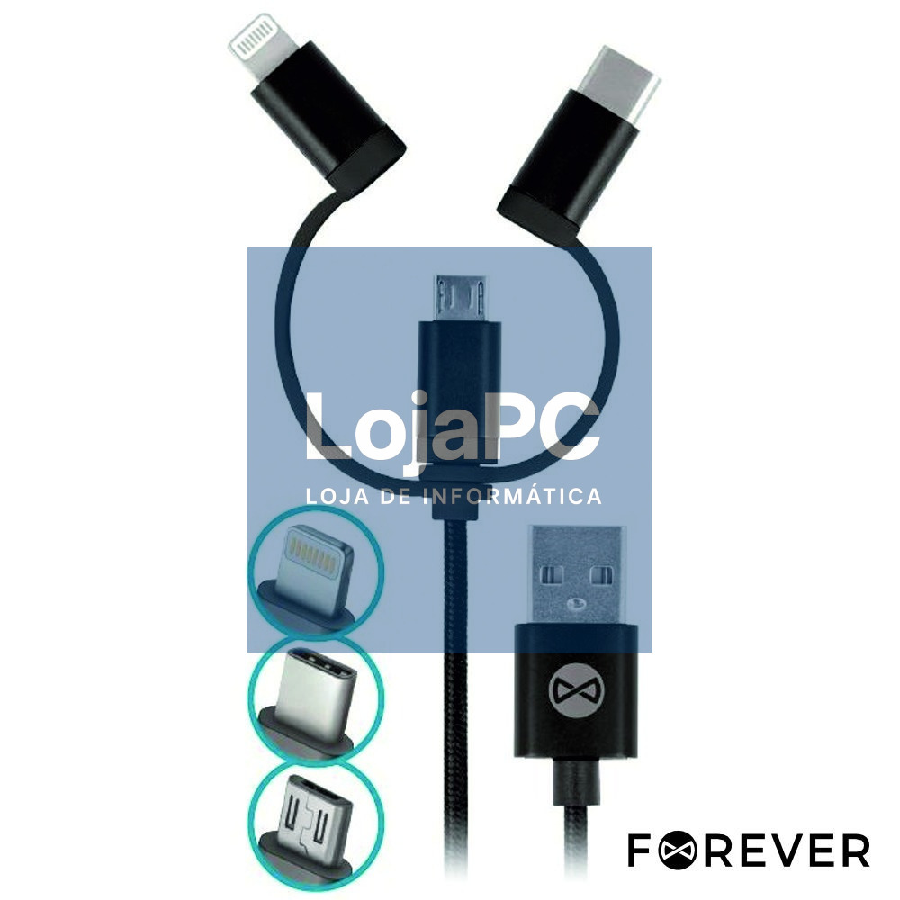 CABO USB-A 2.0 MACHO / MICRO USB-B USB-C E APPLE 8P 1M PRETO