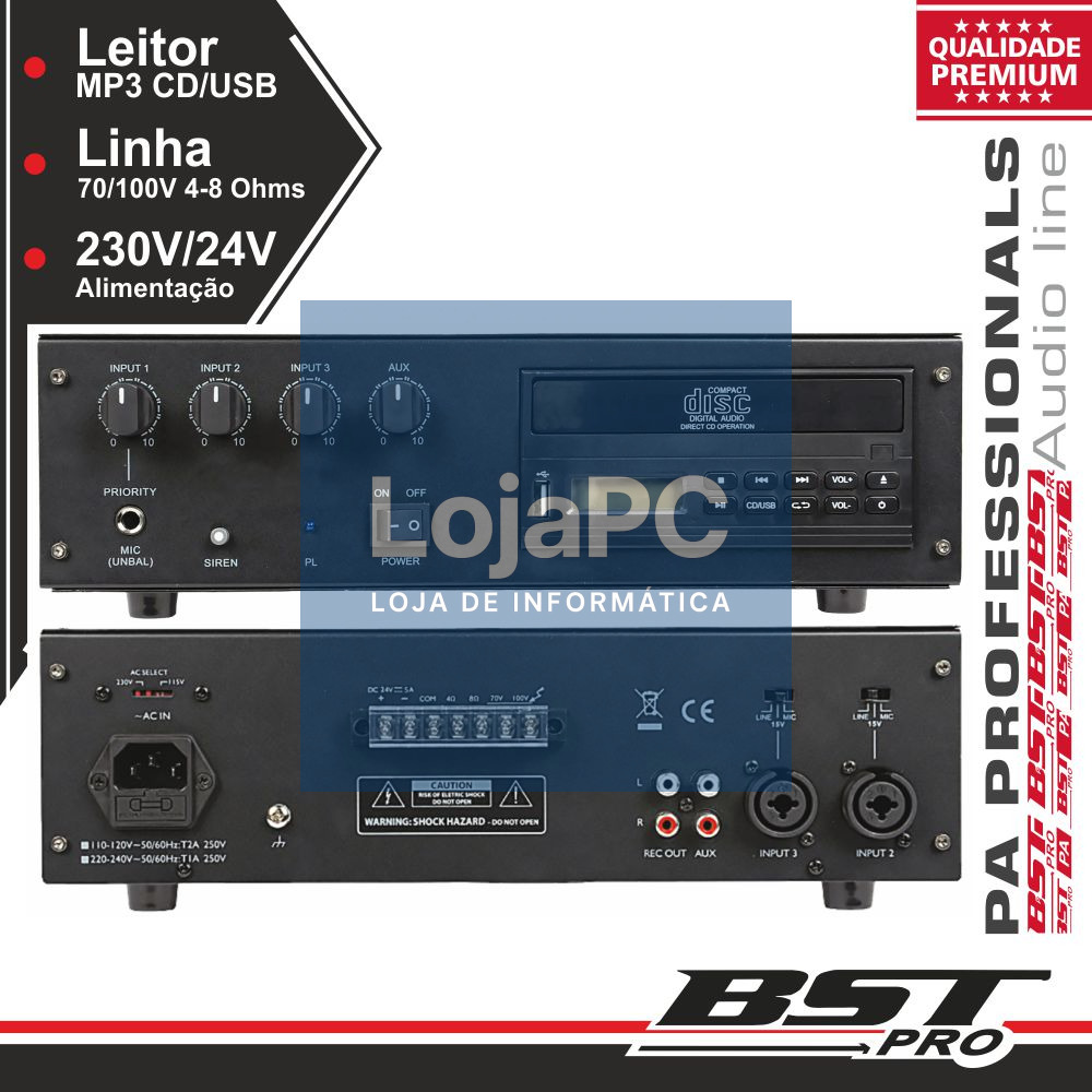 AMPLIFICADOR PA 100V LEITOR CD/USB PHANTOM 30W BSTPRO