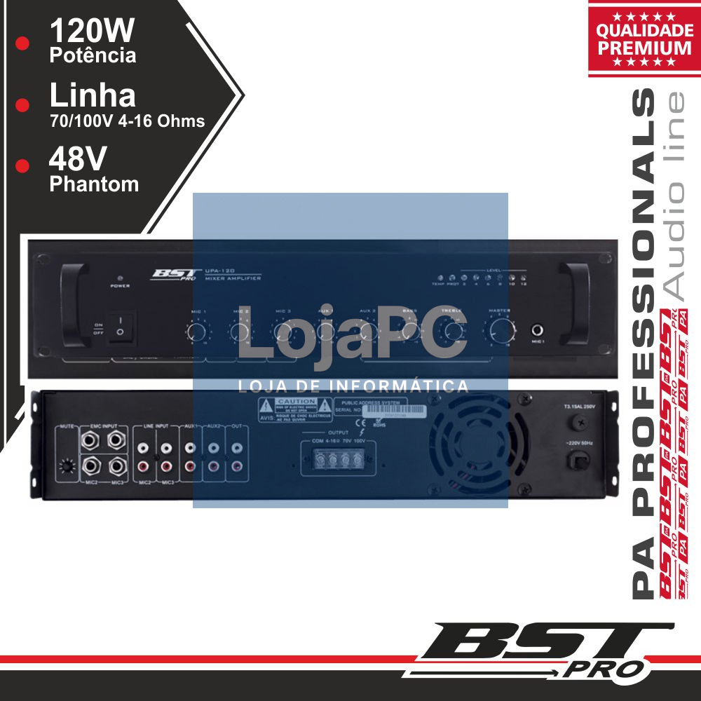 AMPLIFICADOR PA PHANTOM 120W 10 ENTRADAS BSTPRO