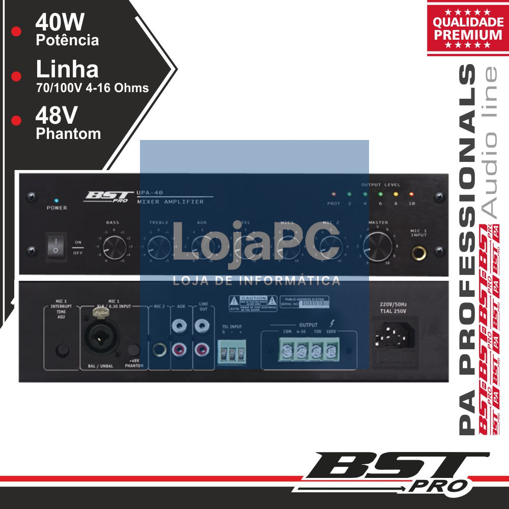 AMPLIFICADOR PA PHANTOM 40W 4 ENTRADAS BSTPRO