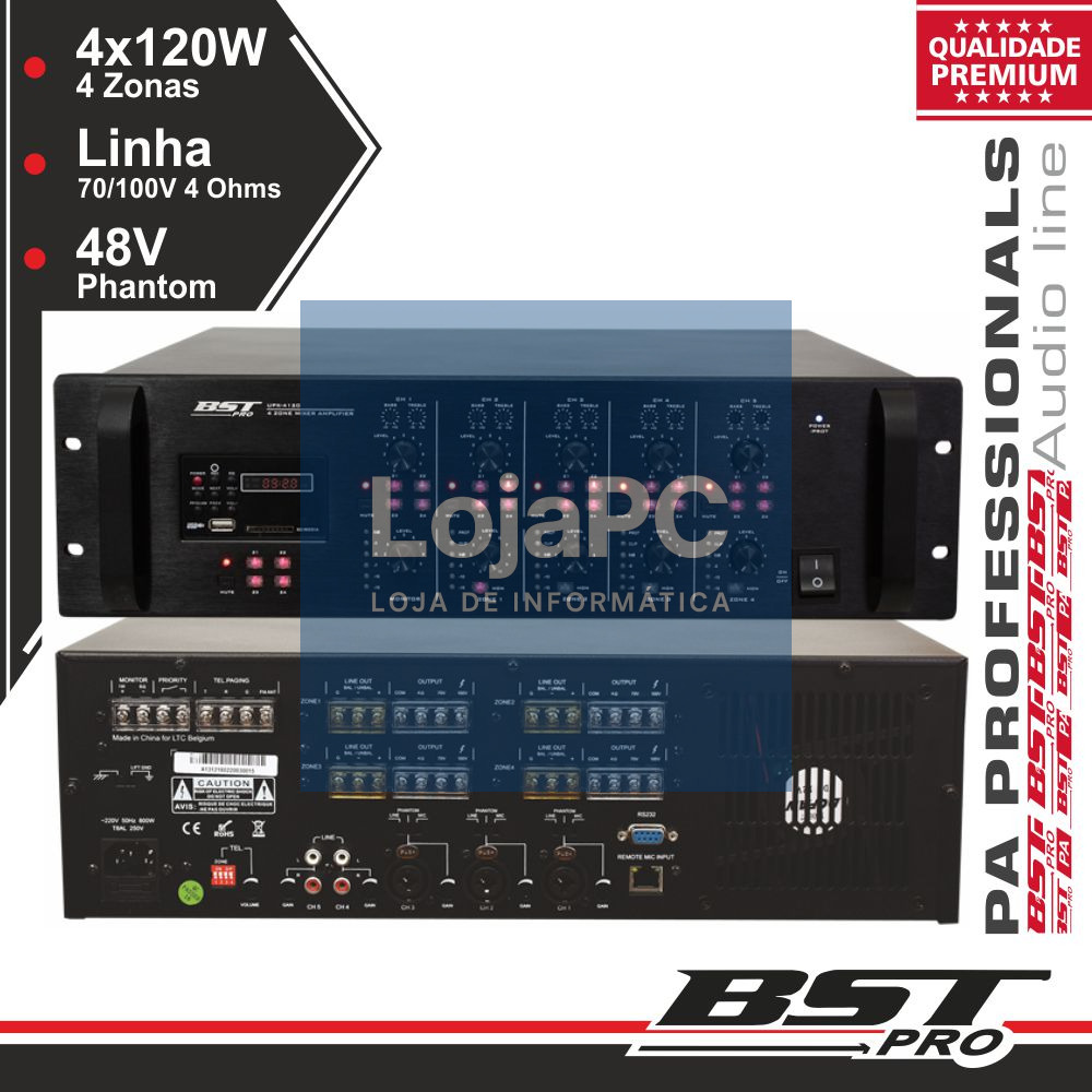 AMPLIFICADOR 19" 4 ZONAS PA 100V 5 CANAIS 4X120W MP3 USB/S