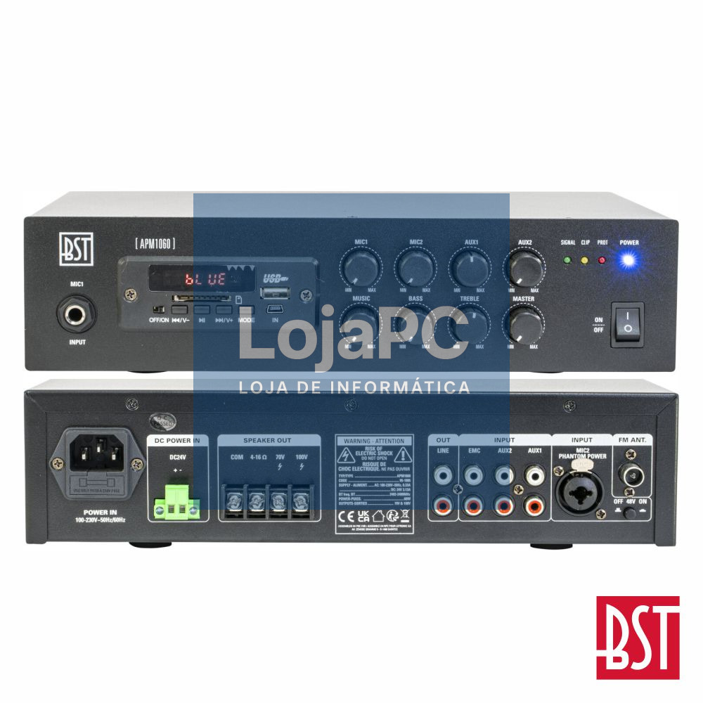 Amplificador Pa 24/230V 60W 100V USB/SD/FM/BT BST