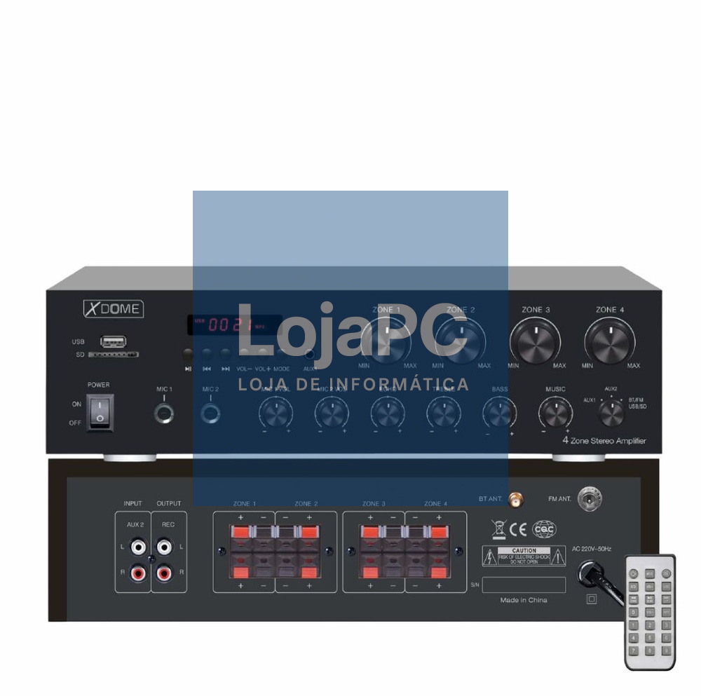Amplificador PA BT/FM/MP3 400W 4 Zonas 8 Ohm XDOME
