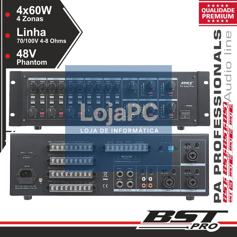 AMPLIFICADOR 19" 4 ZONAS PA 100V 5 CANAIS 4X60W MP3 USB/SD