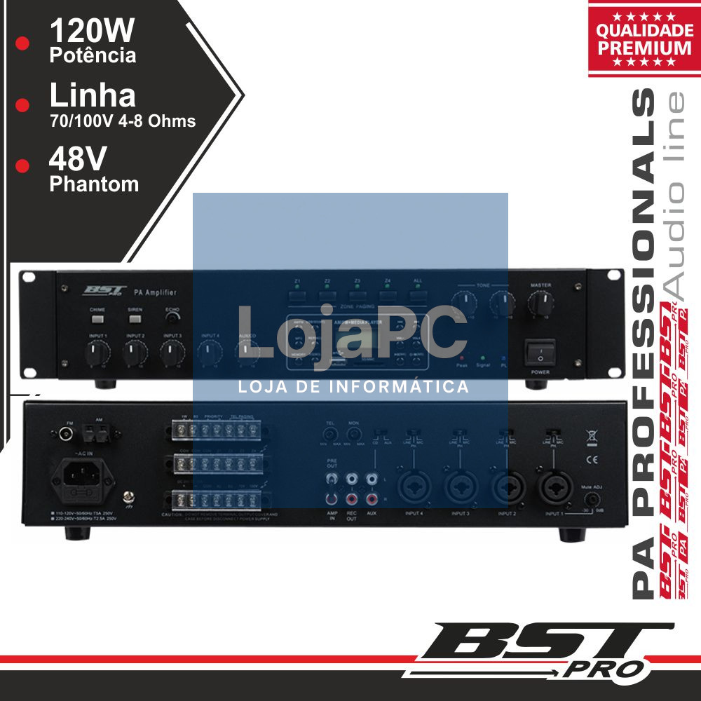 AMPLIFICADOR 19" 4 ZONAS PA 120W USB/SD/AM/FM BSTPRO