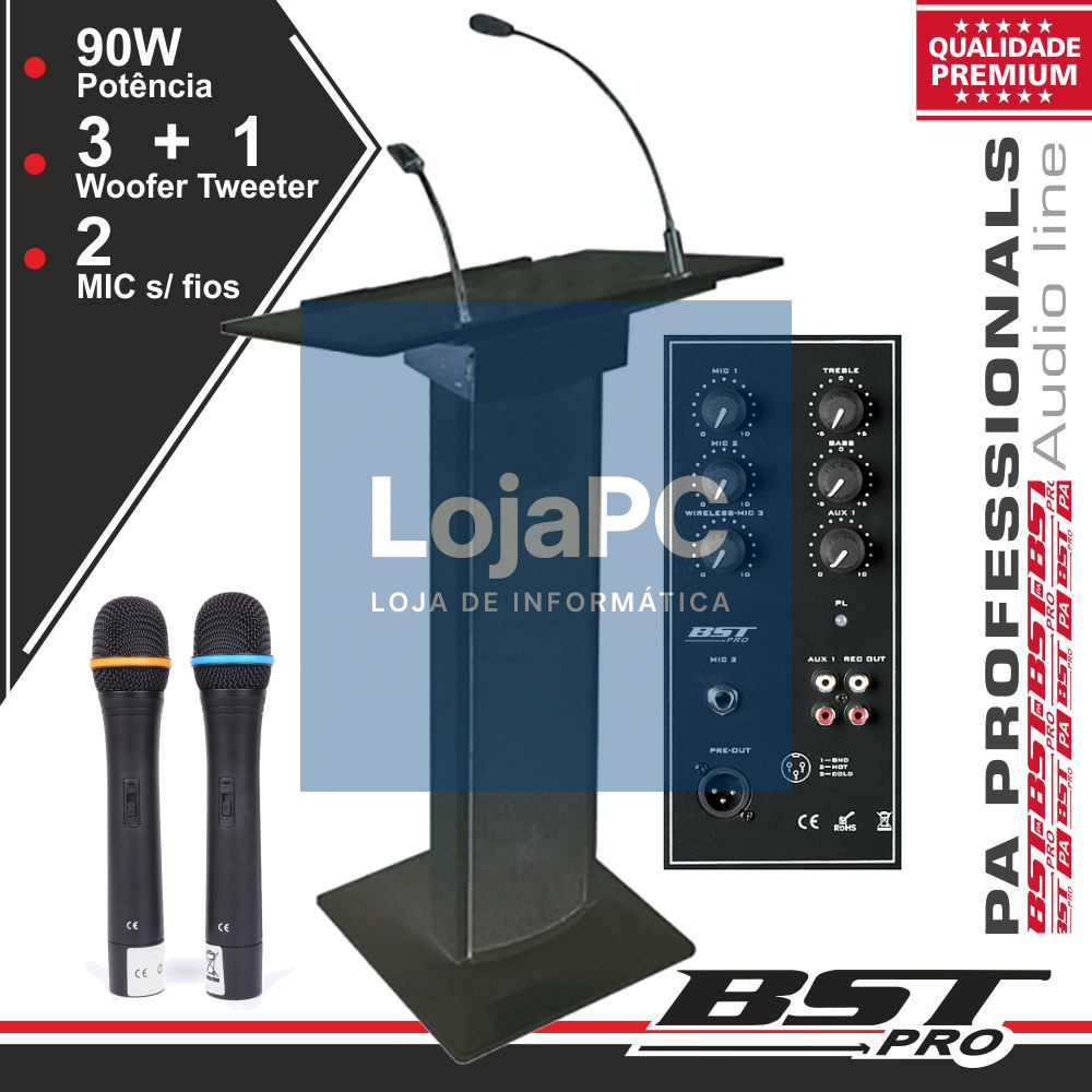SISTEMA CONFERÊNCIA AMPLIFICADO 3 COLUNAS MIC LUZ 90W PRETO