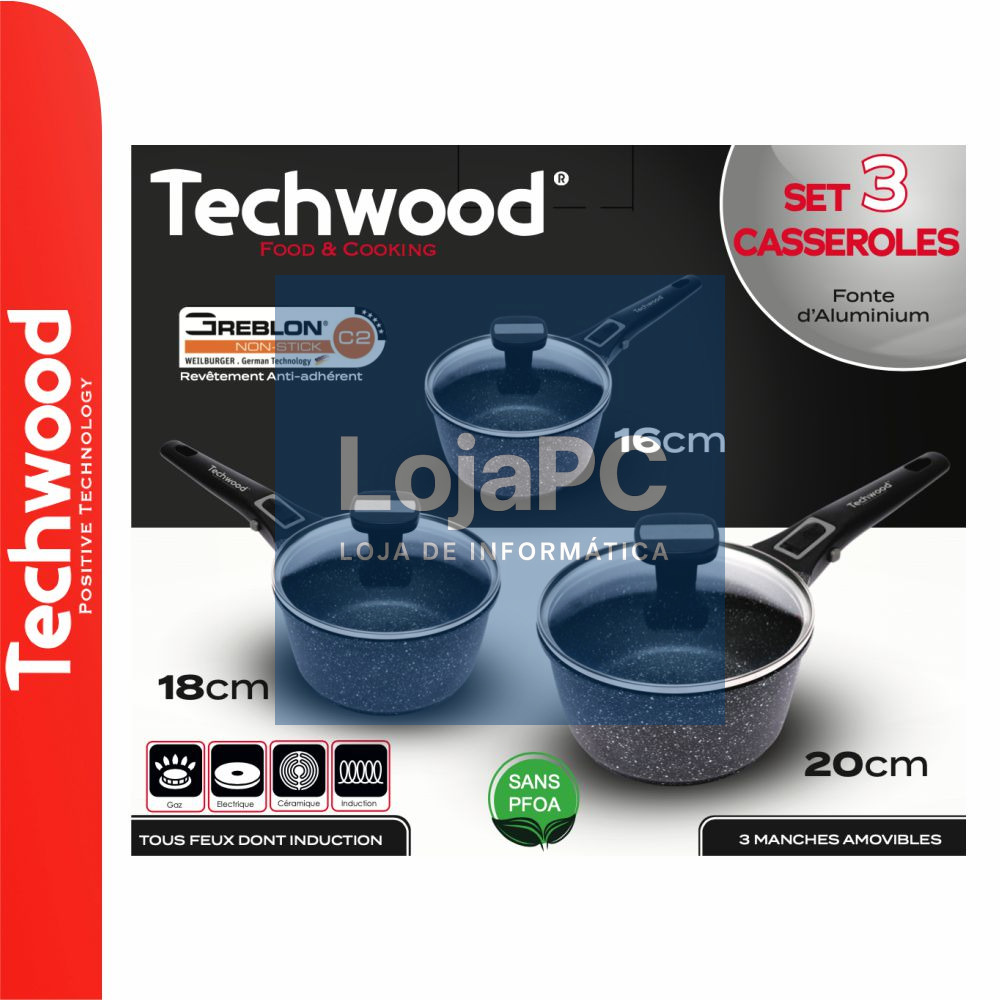 Conjunto 3 Caçarolas Ø16/Ø18/Ø20cm C/ Tampa Vidro TECHWOOD