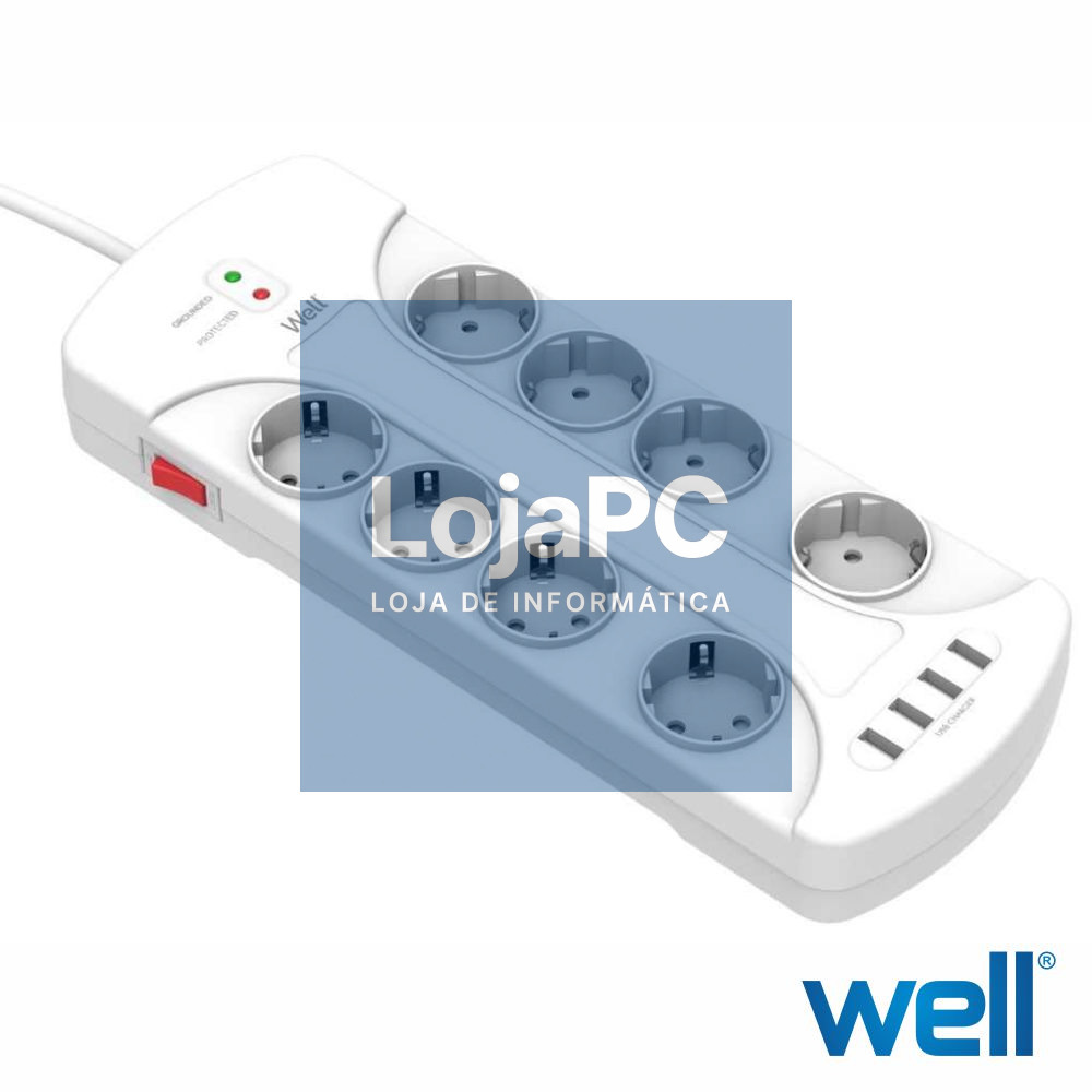Tomada Elétrica C/ 8 Saídas 4 USB Interruptor 3m WELL