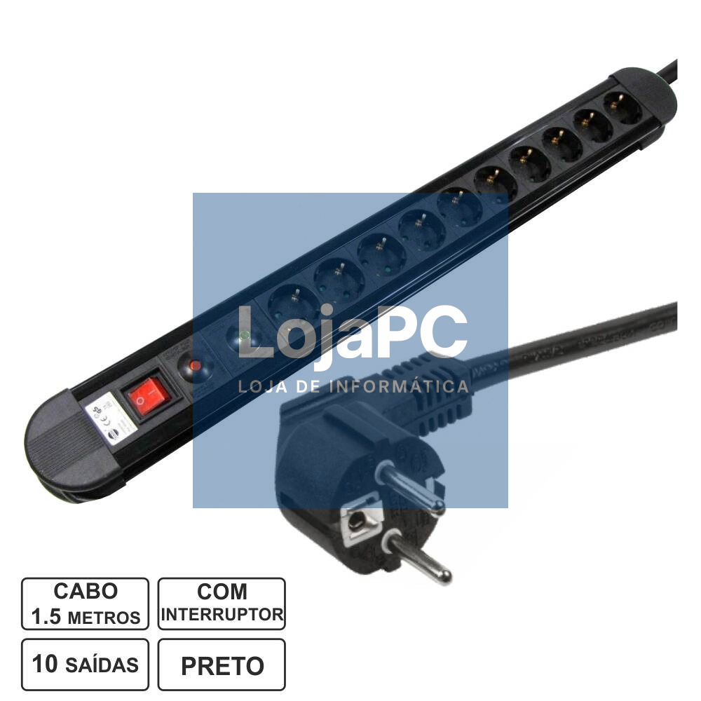 TOMADA ELÉTRICA C/ 10 SAÍDAS INTERRUPTOR PROTEÇÃO 1.5M EDH