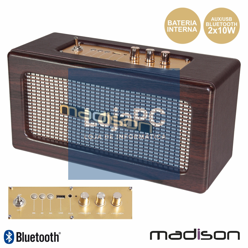 COLUNA BLUETOOTH VINTAGE 2X10W USB MOGNO MADISON