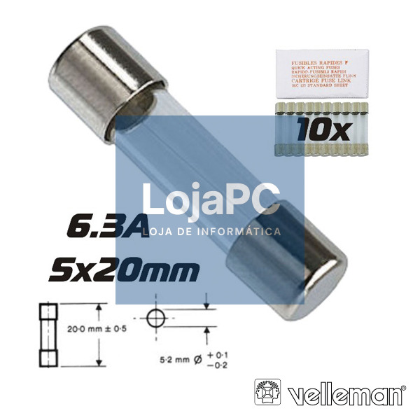 FUSÍVEL 5X20 FUSÃO LENTA 6.3A (10X) VELLEMAN
