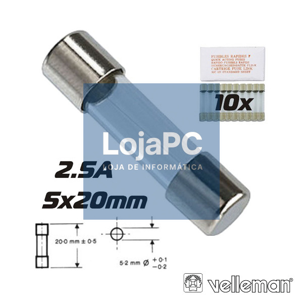 FUSÍVEL 5X20 FUSÃO LENTA 2.5A (10X) VELLEMAN