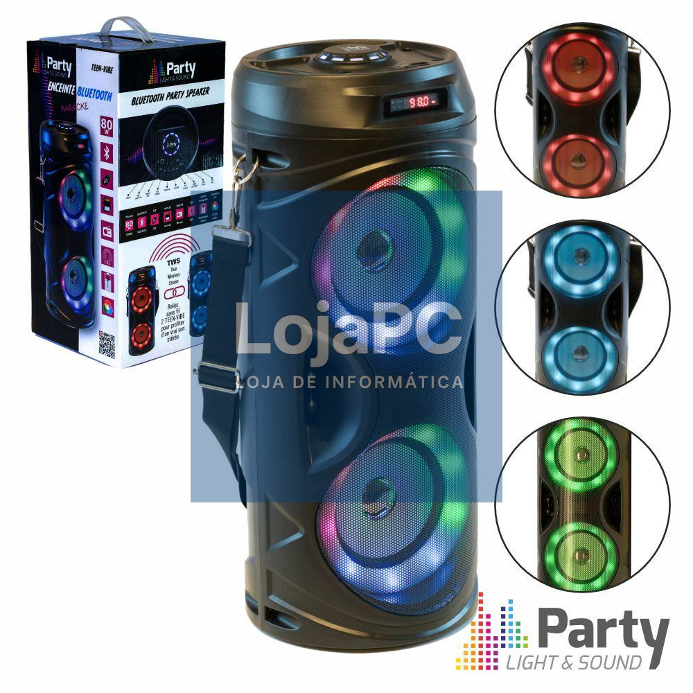 Coluna Bluetooth Portátil 80W BT/USB/FM/MicroSD TWS PARTY