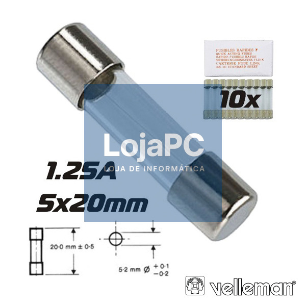 FUSÍVEL 5X20 FUSÃO LENTA 1.25A (10X) VELLEMAN