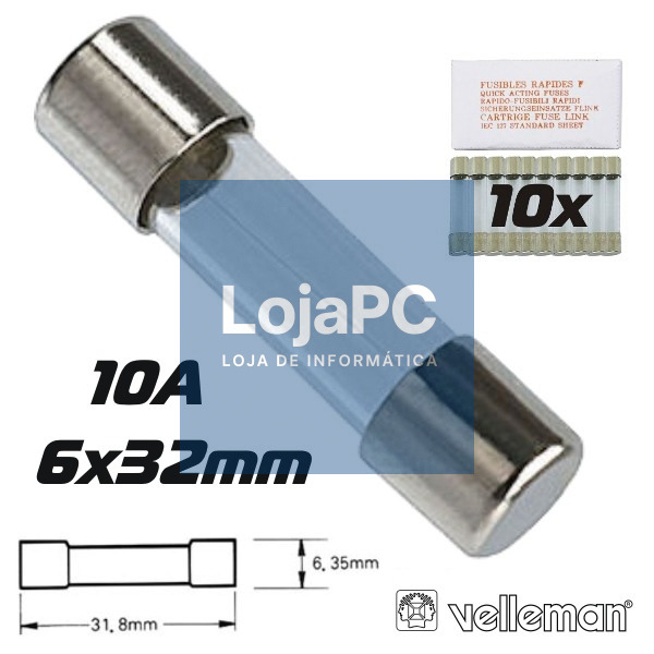 FUSÍVEL 6X32 FUSÃO LENTA 10A (10X) VELLEMAN