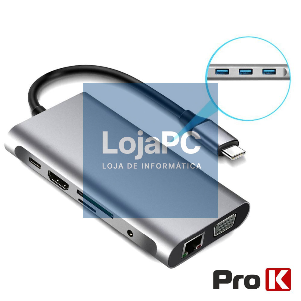 Hub USB-C P/ USB-C/ 3xUSB / VGA / HDMI / Audio/ RJ45/Cartões