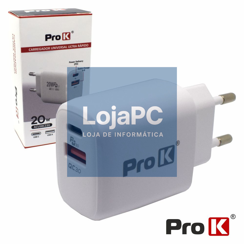 Alimentador USB-A/USB-C PD+QC3.0 20W PROK