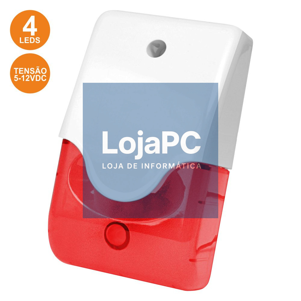 SIRENE E ESTROBOSCÓPIO VERMELHO EM CAIXA C/ 4 LEDS 5-12V