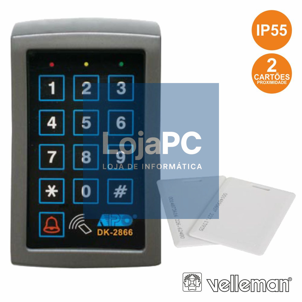 LEITOR CONTROLO ACESSO C/ TECLADO E 2 CARTÕES IP55 VELLEMAN