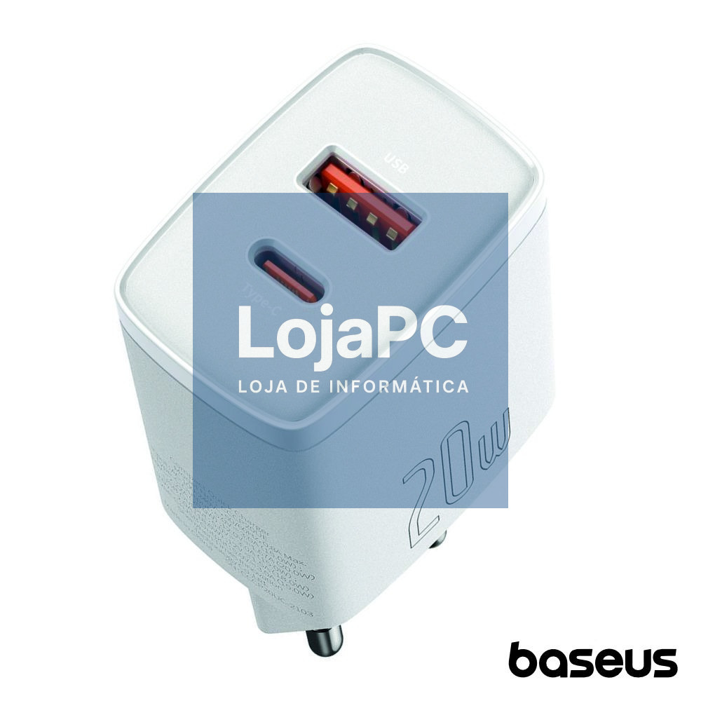 Alimentador Comutado USB-A/USB-C PD 3.0 20W Branco BASEUS