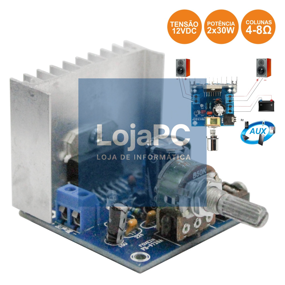 AMPLIFICADOR ÁUDIO 2X30W 12V 4-8 OHMS