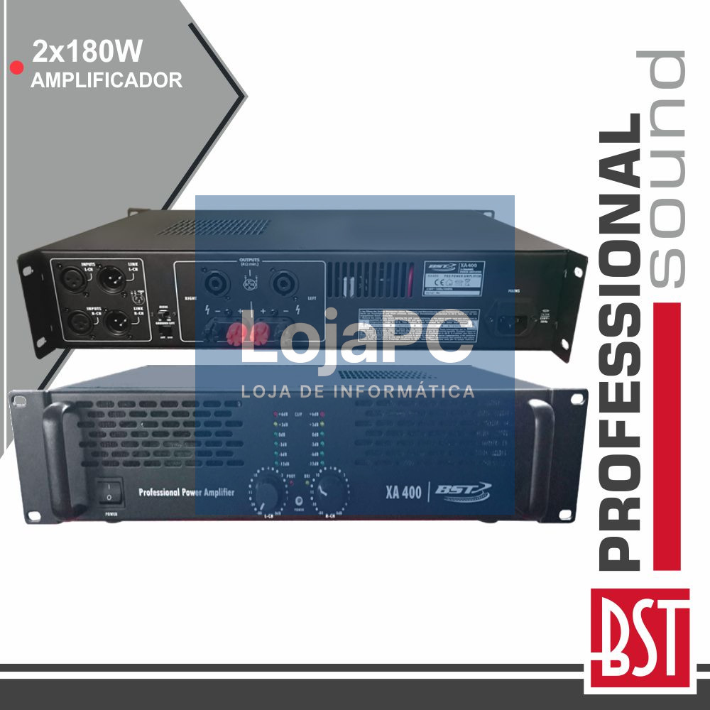 AMPLIFICADOR ÁUDIO PRO 2X180W SAÍDA LINK 4/8 OHMS BST