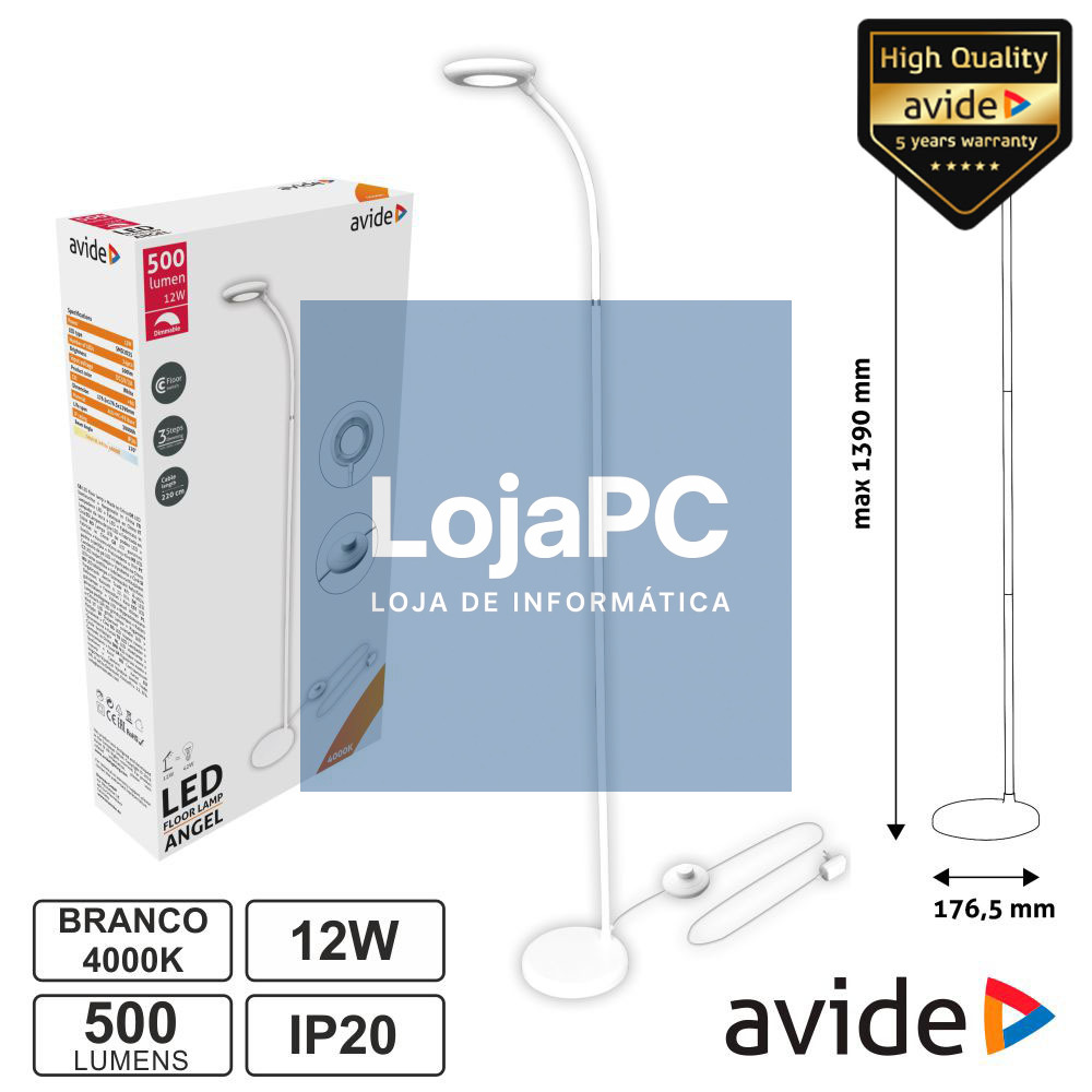 Candeeiro de Pé LED 12W 4000K 500lm Branco IP20 AVIDE