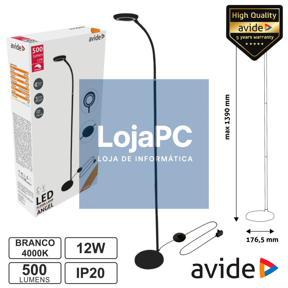 Candeeiro de Pé LED 12W 4000K 500lm Preto IP20 AVIDE