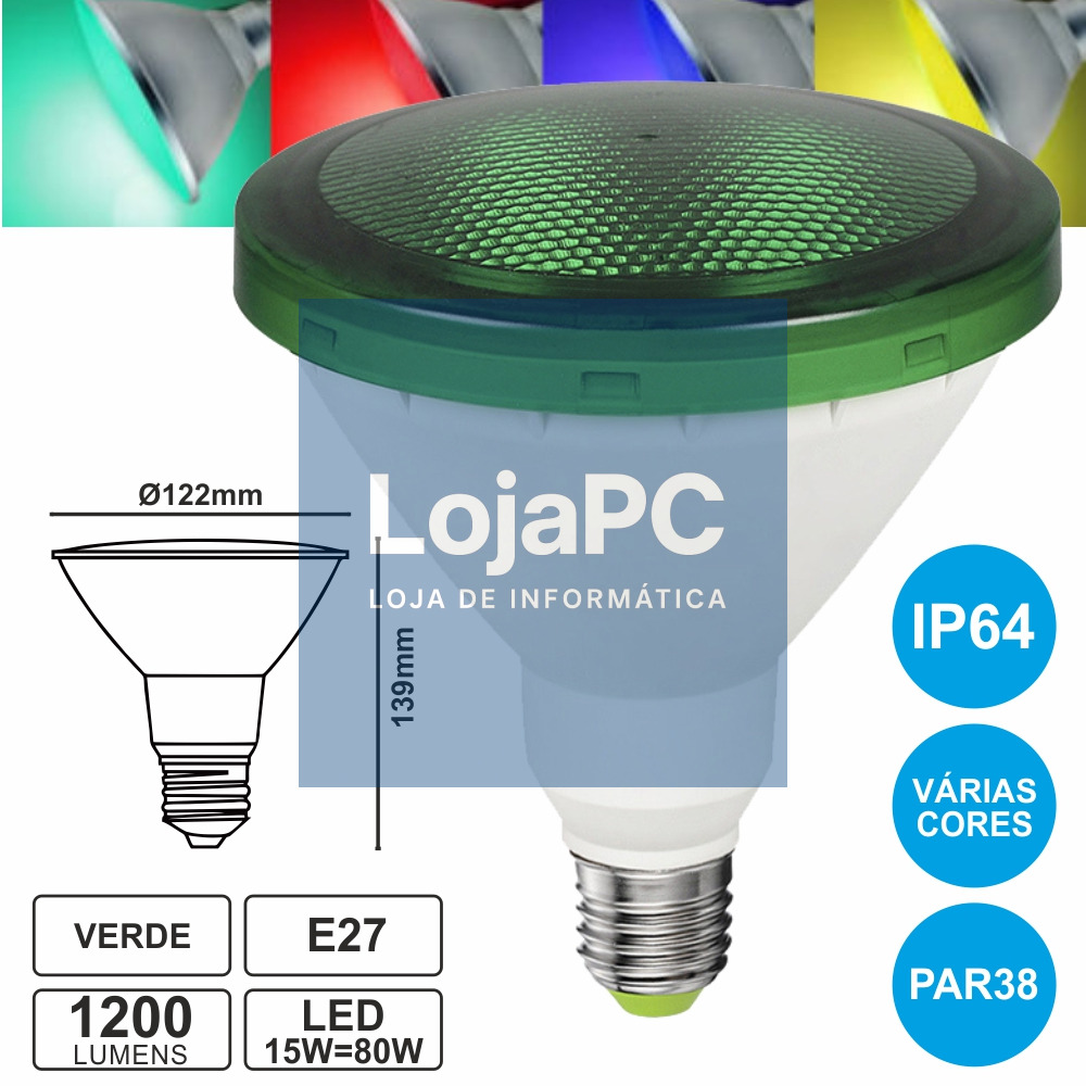 LÂMPADA E27 15W=80W 230V LED PAR38 VERDE IP64 1200LM