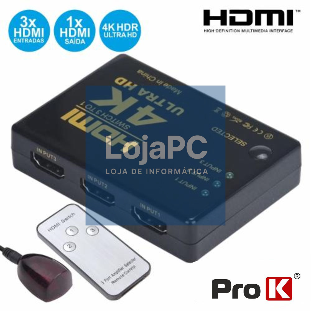 DISTRIBUIDOR HDMI AMPLIFICADO 3 ENTRADAS 1 SAÍDA IR PROK