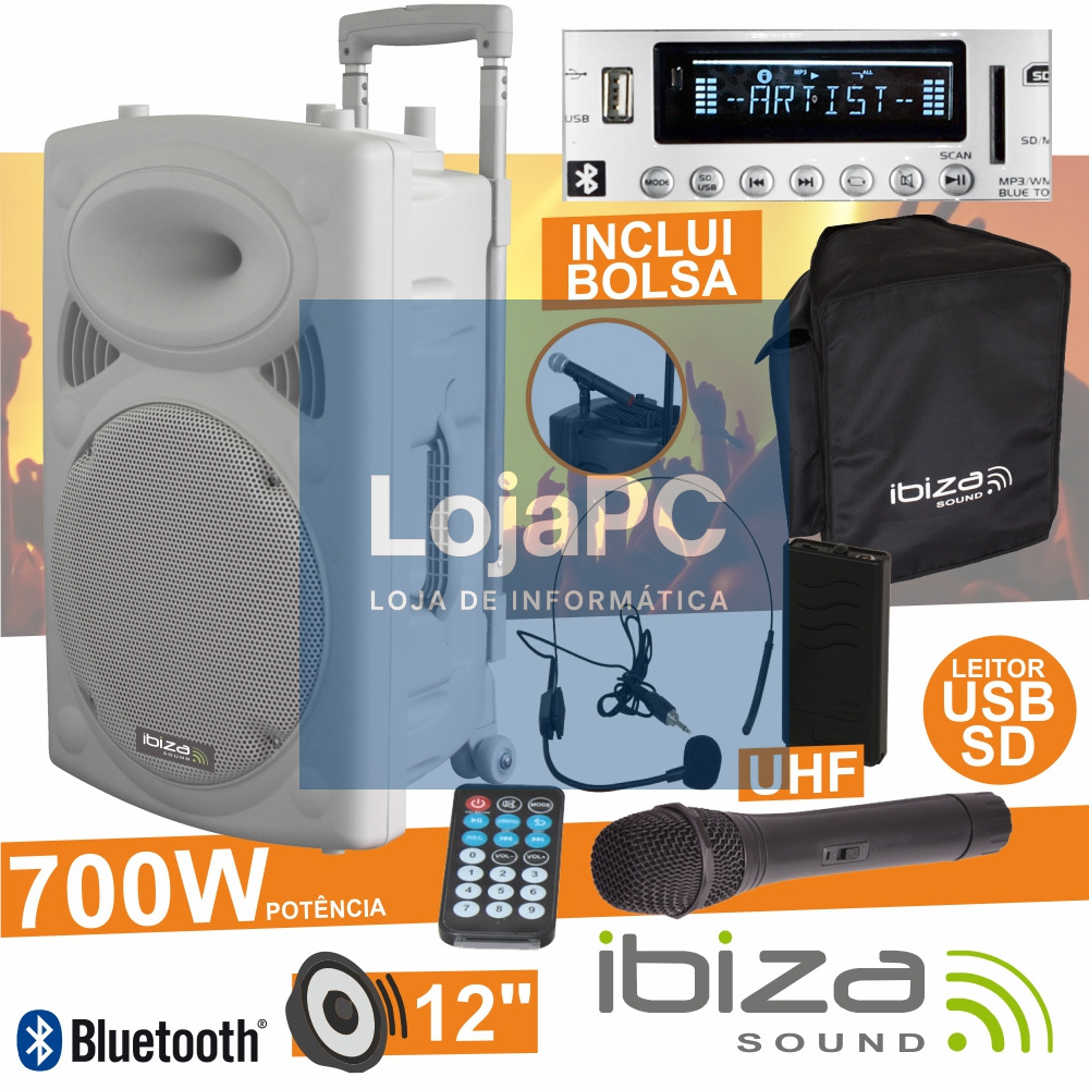 COLUNA AMPLIFICADA 12" 700W USB/BT/SD/BAT UHF BRANCO IBIZA