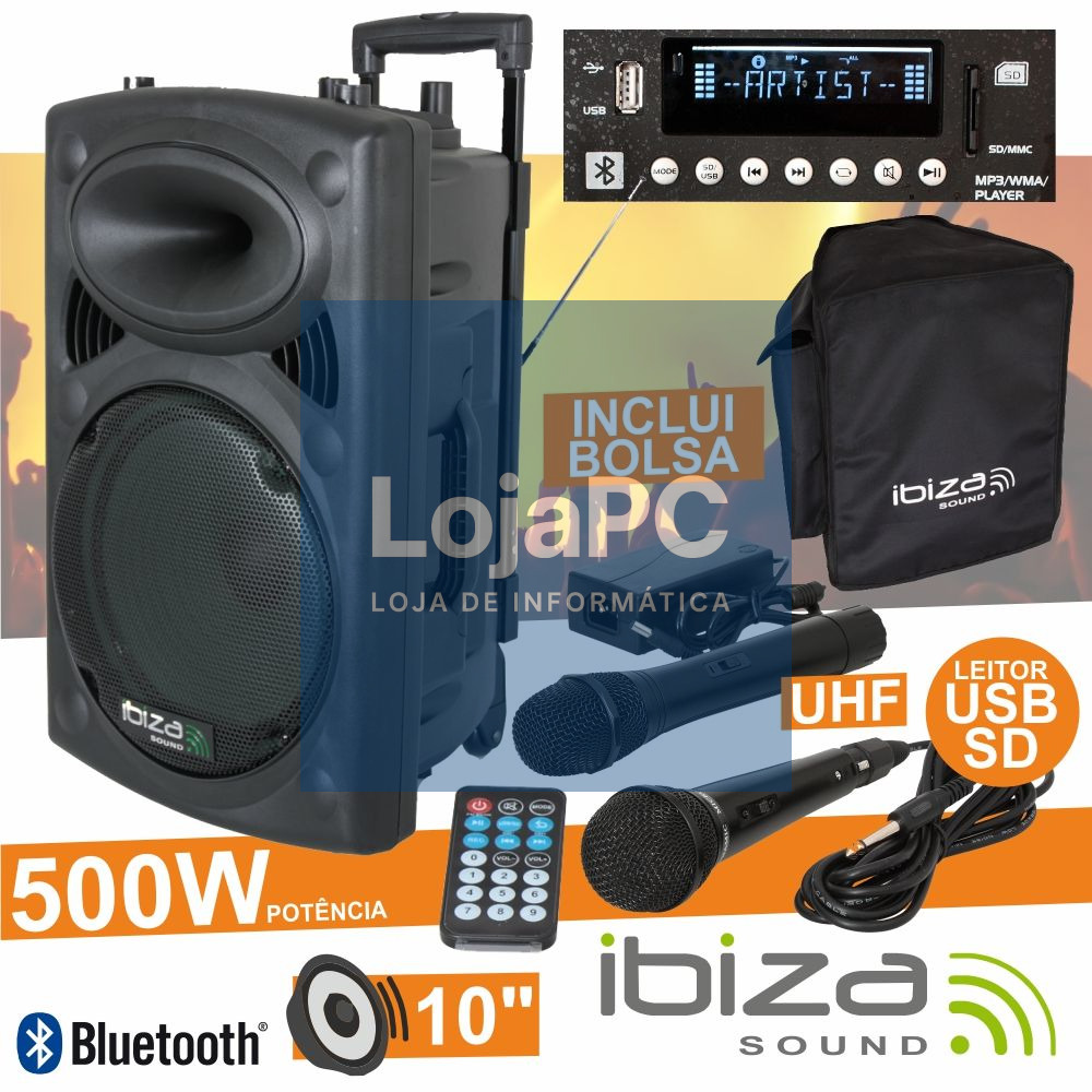 COLUNA AMPLIFICADA 10" 500W USB/BT/SD/BAT UHF PRETA IBIZA