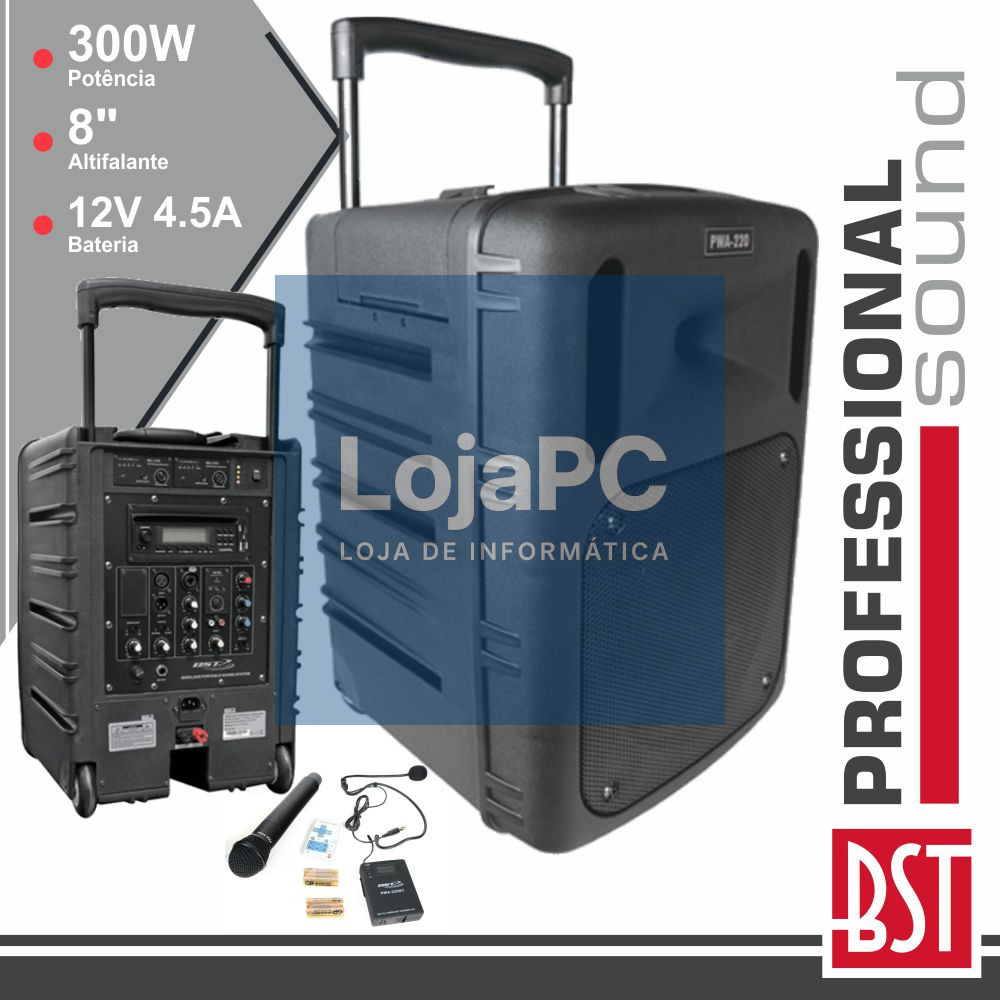COLUNA AMPLIFICADA PRO 8" 300W MP3 CD/USB/BT/SD/BAT