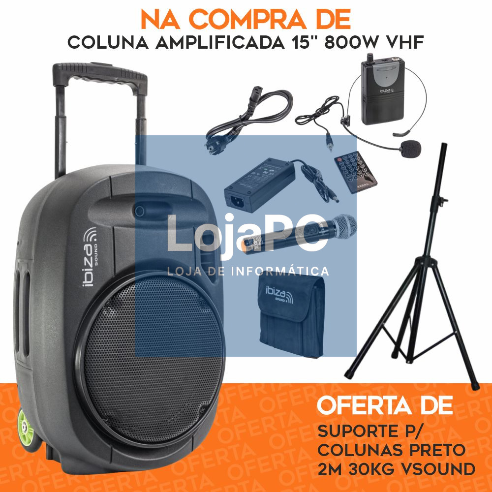PACK Coluna Amplificada 15" 800W VHF C/ OFERTA Suporte IBIZA