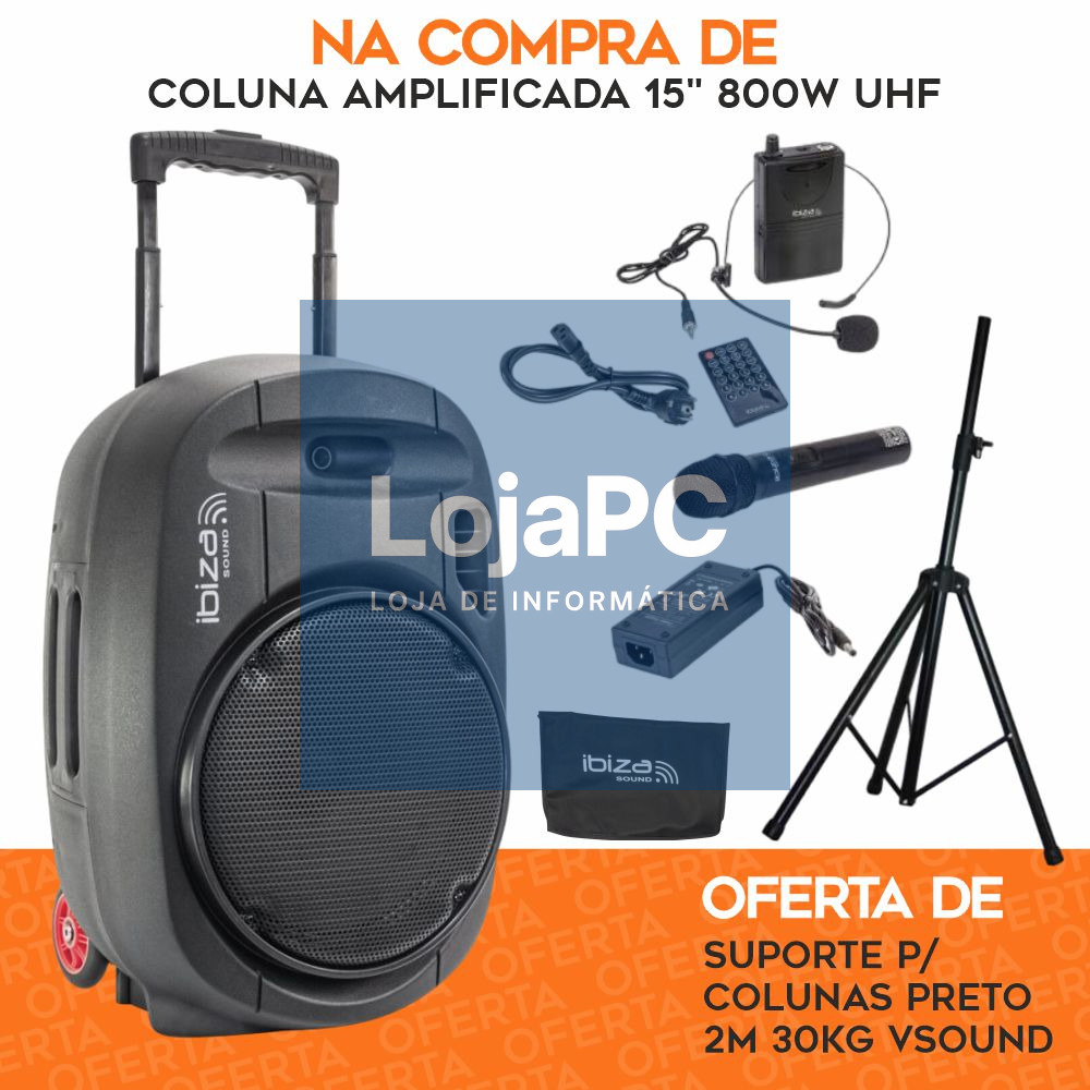 PACK Coluna Amplificada 15" 800W UHF C/ OFERTA Suporte IBIZA