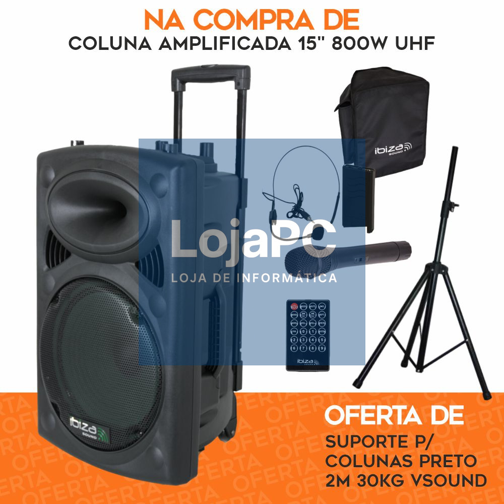 PACK Coluna Amplificada 15" 800W UHF C/ OFERTA Suporte IBIZA