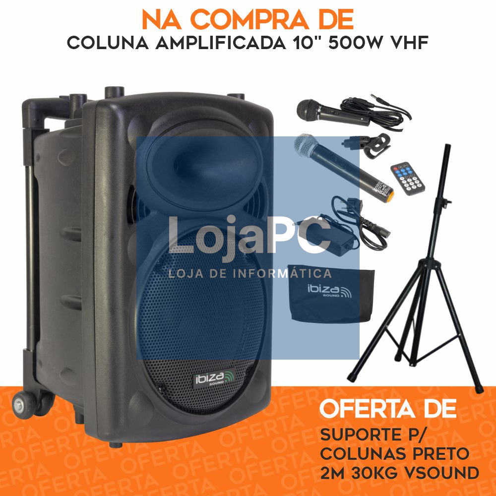 PACK Coluna Amplificada 10" 500W VHF C/ OFERTA Suporte IBIZA