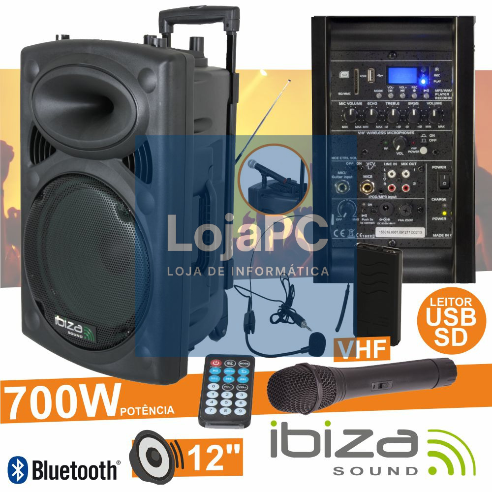 COLUNA AMPLIFICADA 12" 700W USB/BT/SD/BAT VHF PRETA IBIZA