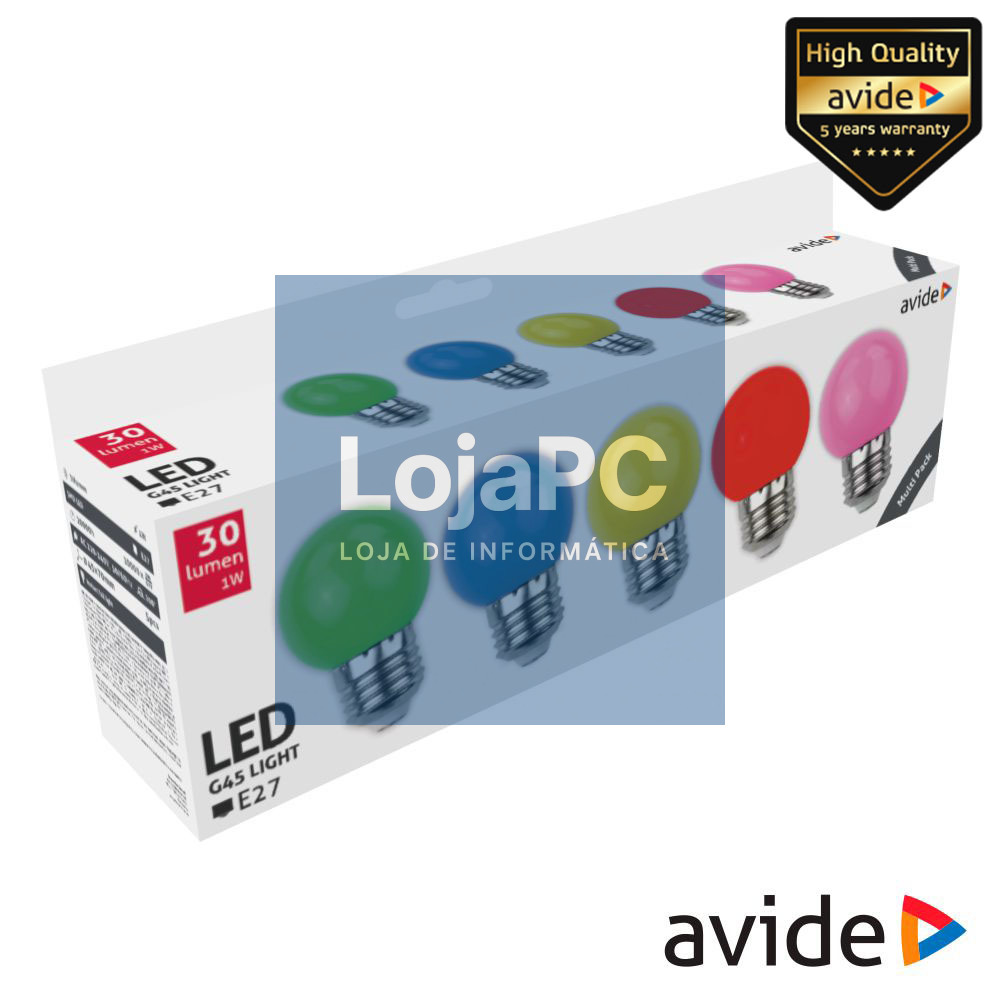 Conjunto 5 Lâmpadas E27 1W LED Globo G45 Cores 30lm AVIDE