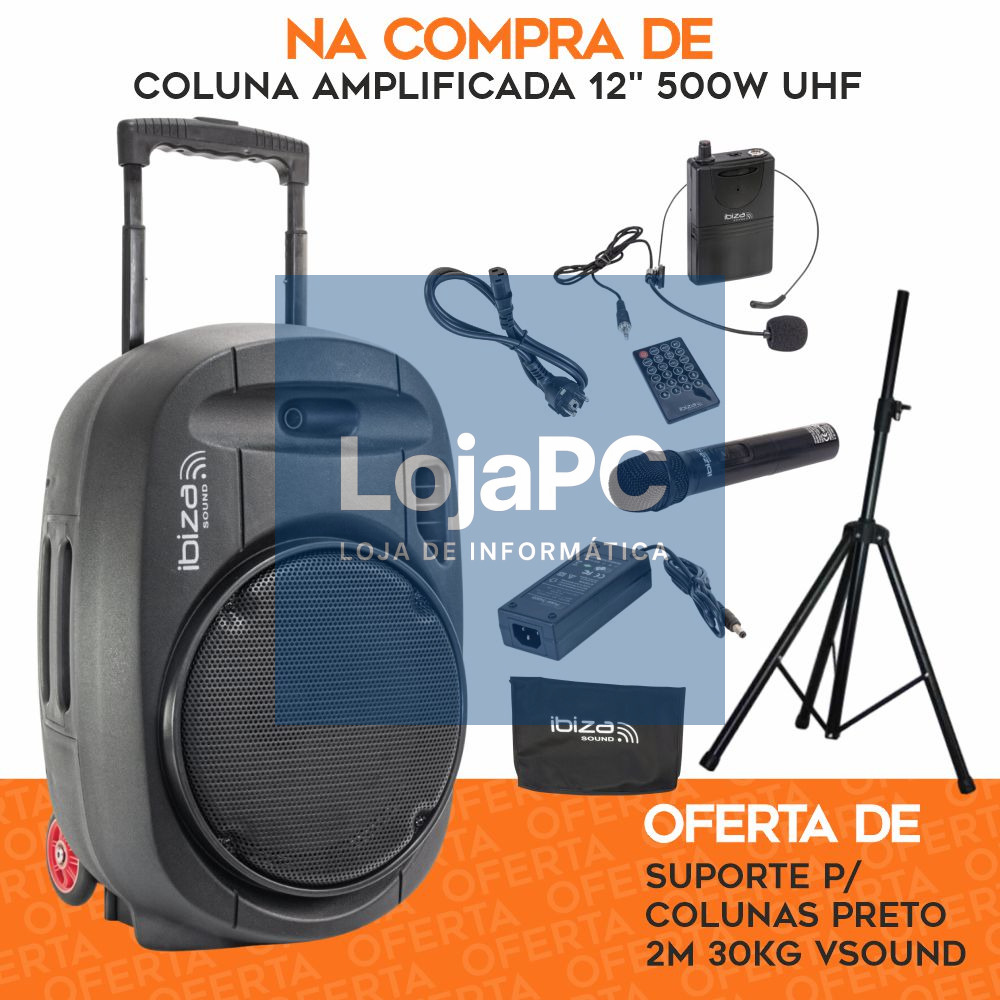 PACK Coluna Amplificada 12" 700W UHF C/ OFERTA Suporte IBIZA