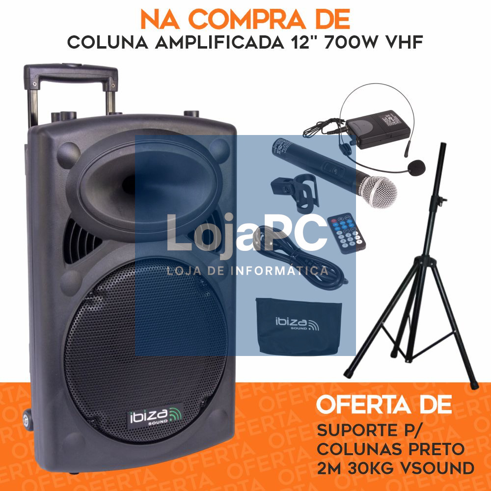 PACK Coluna Amplificada 12" 700W VHF C/ OFERTA Suporte IBIZA