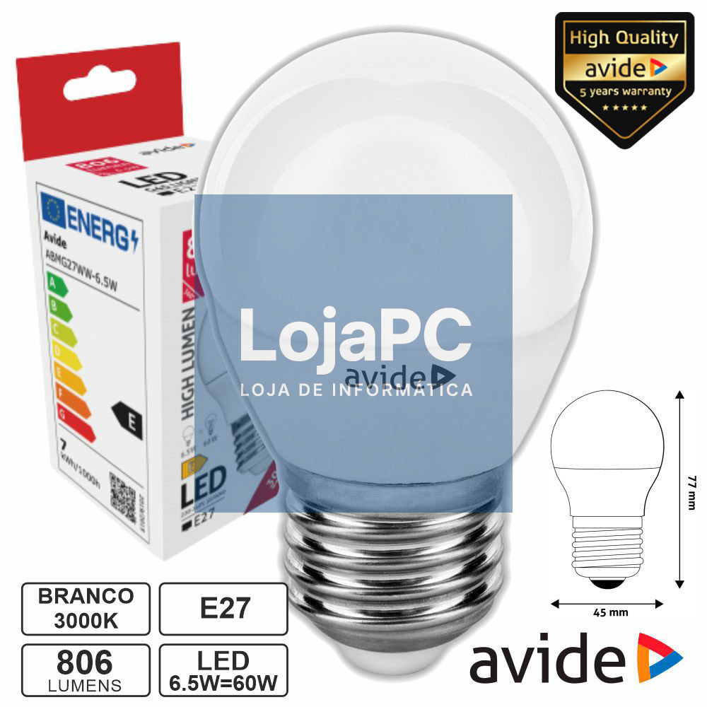 Lâmpada LED E27 Globo G45 6.5W 230V 3000K 806lm AVIDE