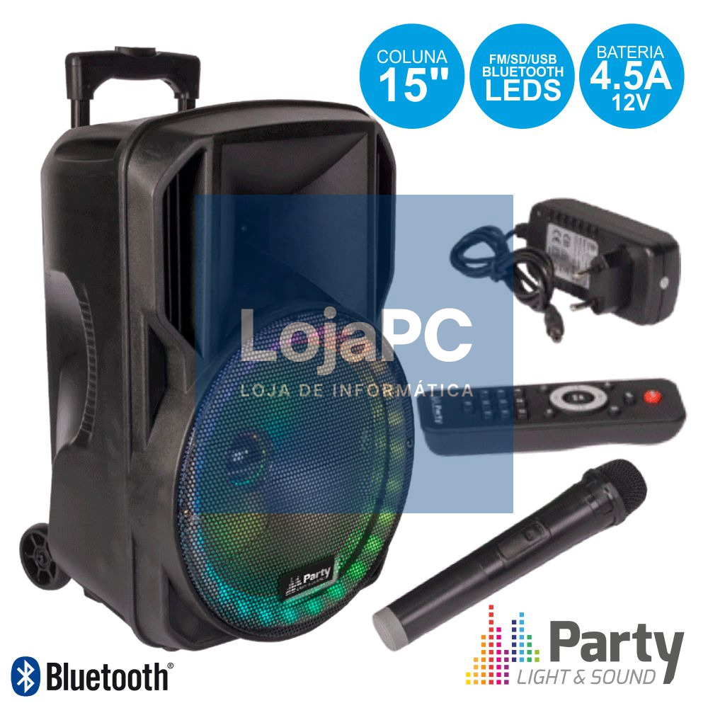 COLUNA AMPLIFICADA 15" USB/FM/BT/SD/BAT VHF PRETA 800W PARTY